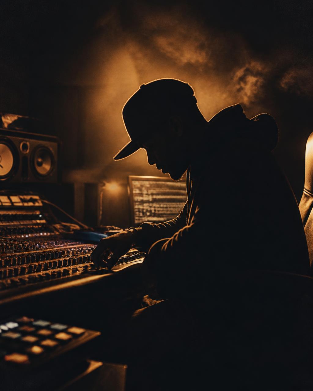 LUGURUBEATS working a mixing console in a dark studio